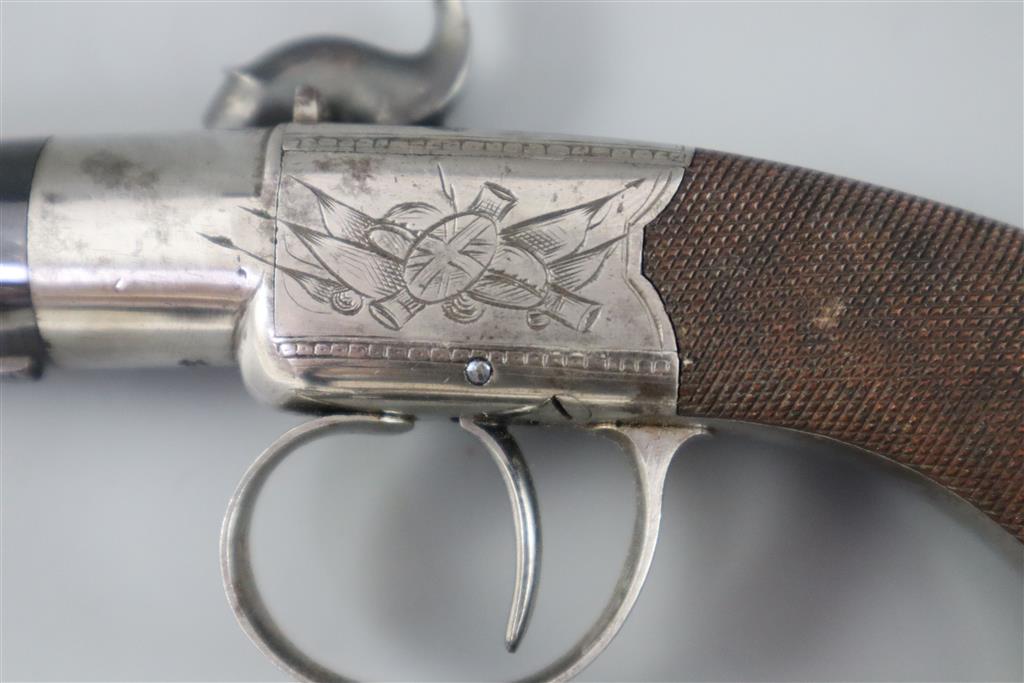 An early 19th century twin barrel flintlock pocket pistol, by Jn. & Geo. Jones of London, length 7.5in